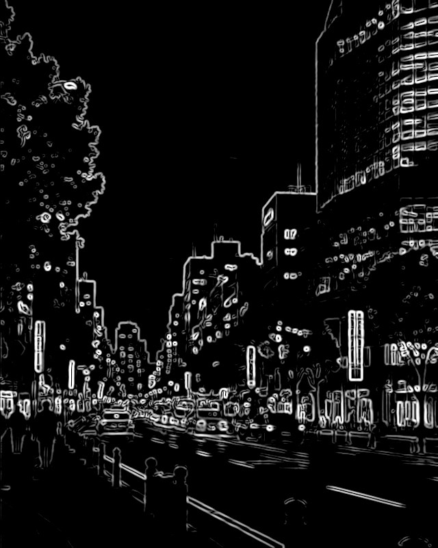 灯りのともった夕暮れの街並みの線画